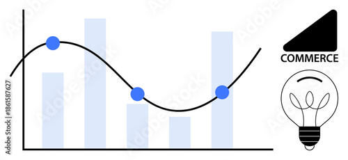 Business growth, financial analysis, commerce trends, innovation, market insights, data visualization. Bar chart with a line graph and icons of commerce and a light bulb. Business growth