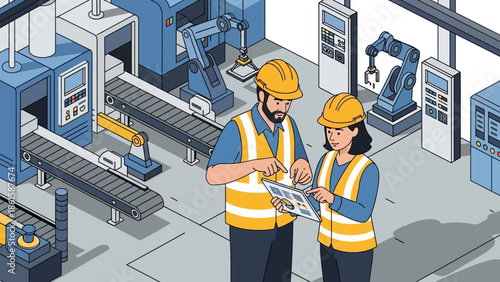 Workers in safety gear using tablet in modern factory setting with automated machines