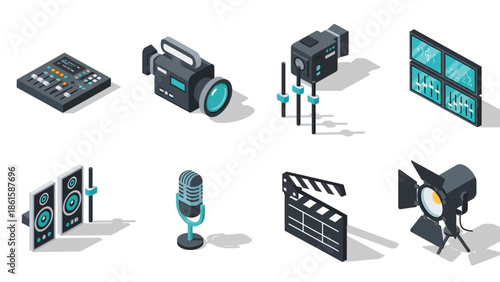 Isometric set of media and broadcasting equipment icons for modern design projects
