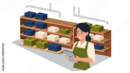 Retail store employee checking inventory on digital tablet in clothing aisle