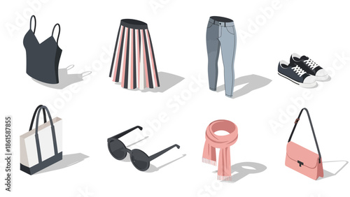 Minimalist fashion set with isometric clothing and accessories