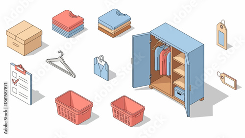Isometric wardrobe organization with clothing, baskets, and accessories