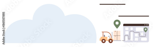 Forklift moving boxes with cloud, warehouse map, location pin. Ideal for logistics, automation, efficiency, supply chain, technology distribution digital solutions. Simple flat metaphor