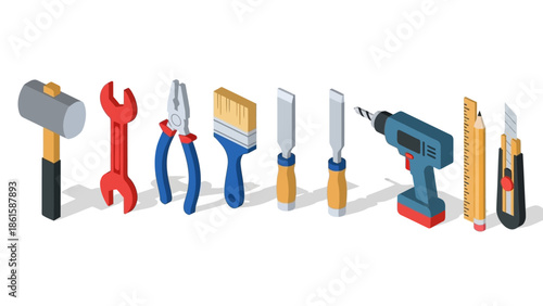 Isometric diy toolkit with hammer, wrench, pliers, drill, and paintbrush