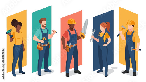 Diverse construction team standing with tools in modern flat design