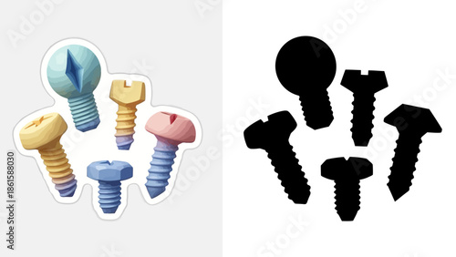 Colorful screws with silhouette design for creative projects and diy themes