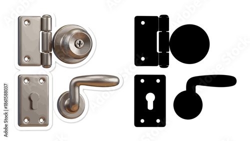 Door hardware set with lock, handle, and hinge featuring realistic and silhouette styles