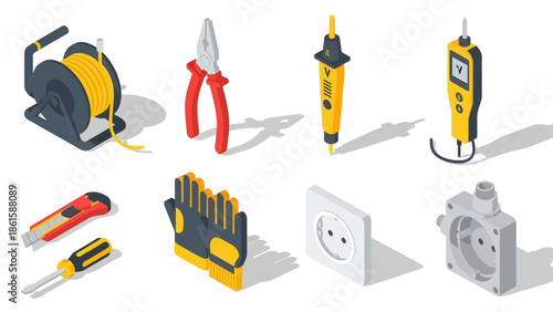 Isometric tools and equipment set: electrical tester, pliers, saw, gloves, socket
