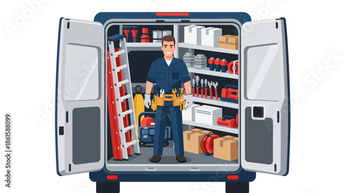 Handyman in uniform inside fully equipped service van with tools and supplies