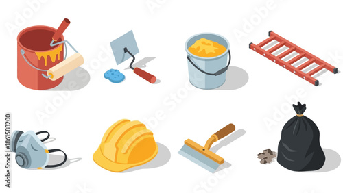 Home renovation tools in isometric style: paint, ladder, safety gear, and more