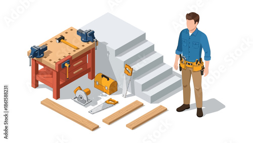 Isometric carpenter workshop with tools and workbench scene