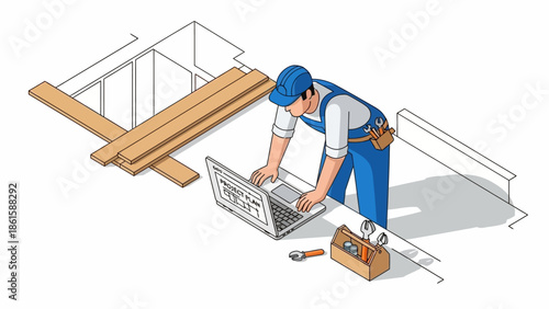Construction worker planning with laptop in isometric view