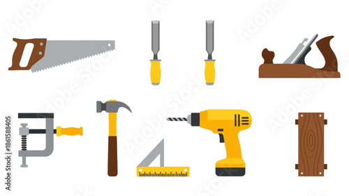 Hand tools collection: flat style carpentry and woodworking essentials