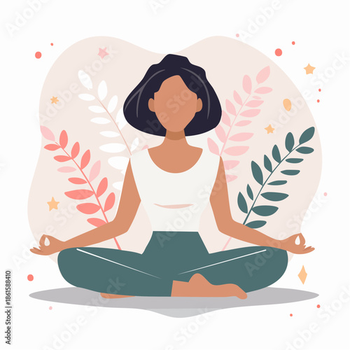 Woman meditating in lotus position with abstract floral background illustration