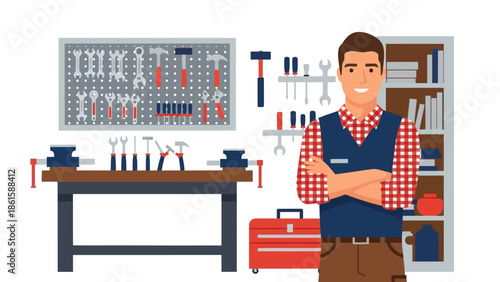 Smiling technician standing in workshop with tools and equipment