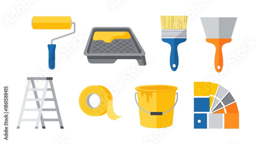 Home renovation tools: paint brushes, rollers, and color swatches in flat design