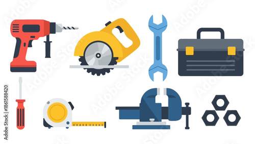 Flat design of tools and equipment set with drill, saw, and toolbox