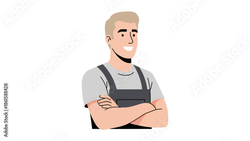 Smiling male worker with blond hair in overalls on white background
