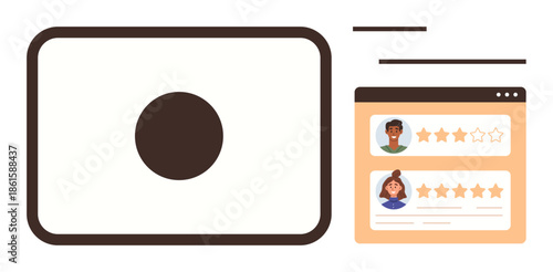 Rectangular rating cards featuring user profiles, stars, and details. Ideal for feedback, testimonial, customer service, community engagement, product, satisfaction evaluation teamwork simple flat