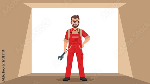 Handyman in red overalls holding wrench in modern interior setting