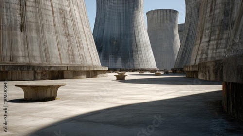 Wallpaper Mural Cooling Towers Viewed from Ground Level in an Industrial Setting with Clear Blue Sky and Shadows on Concrete Torontodigital.ca