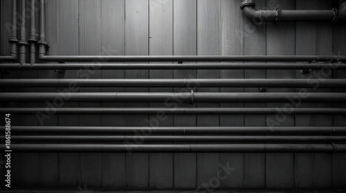 Wallpaper Mural Industrial Pipes on Wooden Wall Texture in Black and White, Abstract Background for Design and Art Concepts Torontodigital.ca