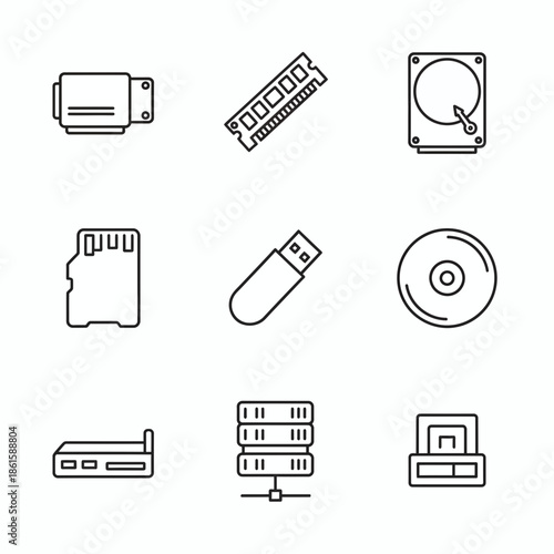 Storage Device Icons Set – memory, ram, ssd, hdd, disk, drive, usb, flash, chip, processor, microchip