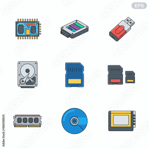 Storage Device Icons Set – memory, ram, ssd, hdd, disk, drive, usb, flash, chip, processor, microchip