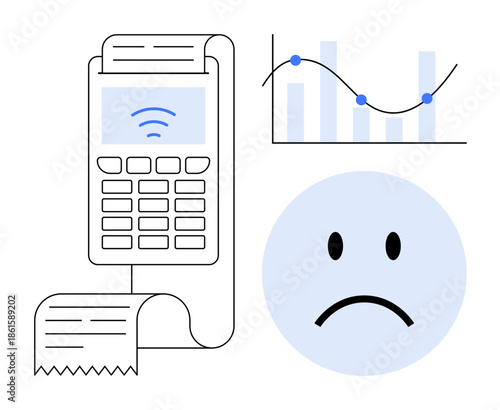Payment decline concept. Visuals include a card terminal with a receipt, a sad face, and a declining graph. Payment failure issues, financial loss, technology issues. For fintech, finance technology