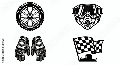 Motocross Icon Set Dirt Bike Rider, Gear, Finish Line, Silhouette - ction, speed, jump, trail, helmet, goggles, gloves, gear, equipment, finish, flag
