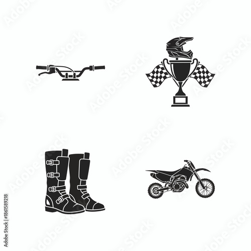 Motocross Icon Set Dirt Bike Rider, Gear, Finish Line, Silhouette - ction, speed, jump, trail, helmet, goggles, gloves, gear, equipment, finish, flag
