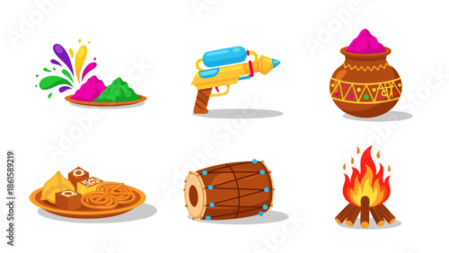 Indian Holi Culture Icon Set