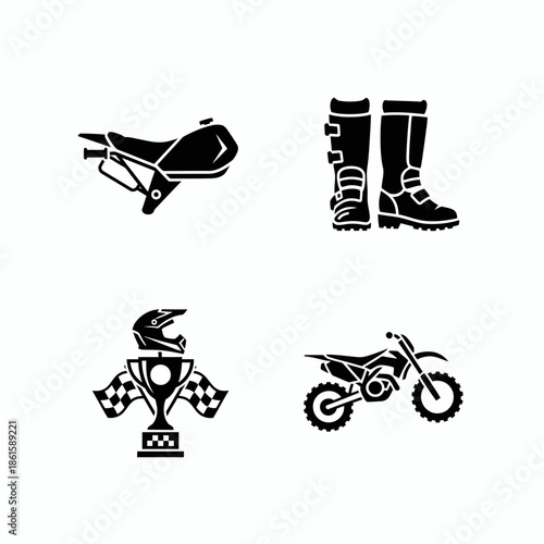 Motocross Icon Set Dirt Bike Rider, Gear, Finish Line, Silhouette - ction, speed, jump, trail, helmet, goggles, gloves, gear, equipment, finish, flag
