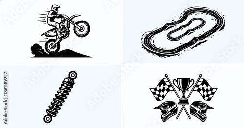 Motocross Icon Set Dirt Bike Rider, Gear, Finish Line, Silhouette - ction, speed, jump, trail, helmet, goggles, gloves, gear, equipment, finish, flag
