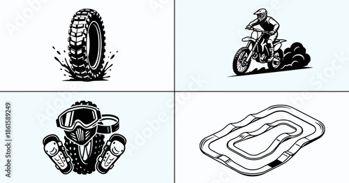 Motocross Icon Set Dirt Bike Rider, Gear, Finish Line, Silhouette - ction, speed, jump, trail, helmet, goggles, gloves, gear, equipment, finish, flag
