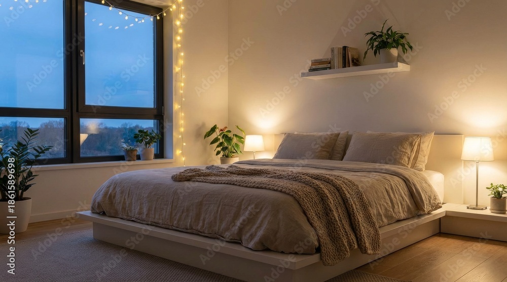 Fototapeta premium Cozy Modern Bedroom with Warm Evening Light