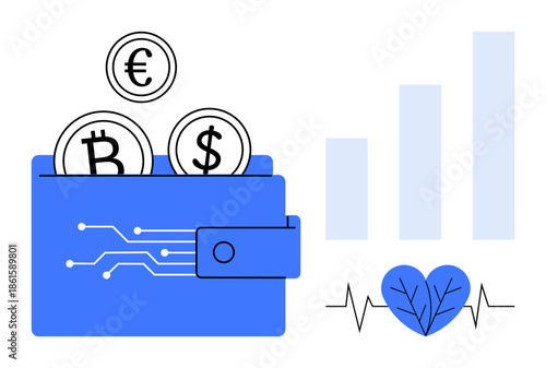 Digital wallet concept. Digital wallet with cryptocurrency symbols, connected circuits, health monitor graphic, and growth chart. Digital wallet for fintech, investments, health, blockchain analysis