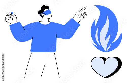 Virtual reality, passion, technology, emotional connection, innovation, future concepts. A person wearing a headset interacting with fire and heart symbols. Virtual reality and passion illustrated