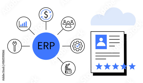 ERP process flow with icons for financials, HR, analytics, and tools connected to a cloud-based employee data record. Ideal for workflow, business management, analytics, HR tools, digital