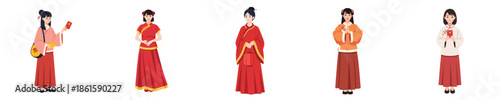 Chinese New Year Traditional Female Celebration Poses Vector Flat Design Illustration Set