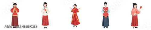 Chinese New Year Traditional Female Character Celebration Poses Vector Flat Design Illustration Set