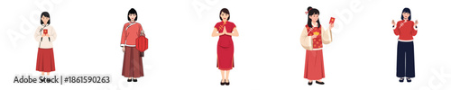 Chinese New Year Traditional Female Greeting Poses Vector Flat Design Illustration Set