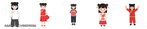 Chinese New Year Traditional Girl Celebration Character Poses Vector Flat Design Illustration Set
