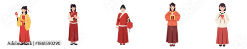 Chinese New Year Traditional Female Standing Celebration Poses Vector Flat Design Illustration Set