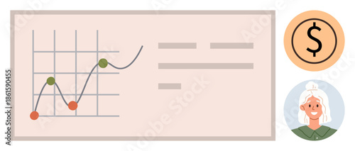 Line graph with data points rising and falling, a dollar sign icon for financial context, and a smiling woman representing expertise. Ideal for analytics, investments, business strategy, personal