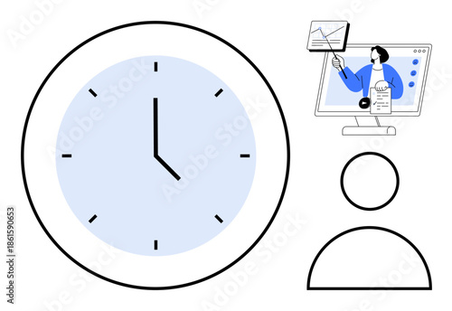 Time management concept. Includes a clock for scheduling, a virtual presentation on a monitor, and a user icon. Time management improves productivity, education, and personal planning for remote