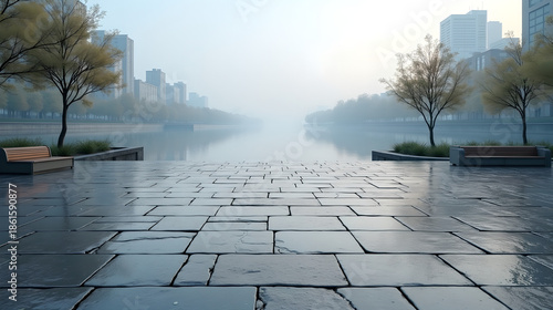 Foggy Lakeside Walkway with Calm Perspective
