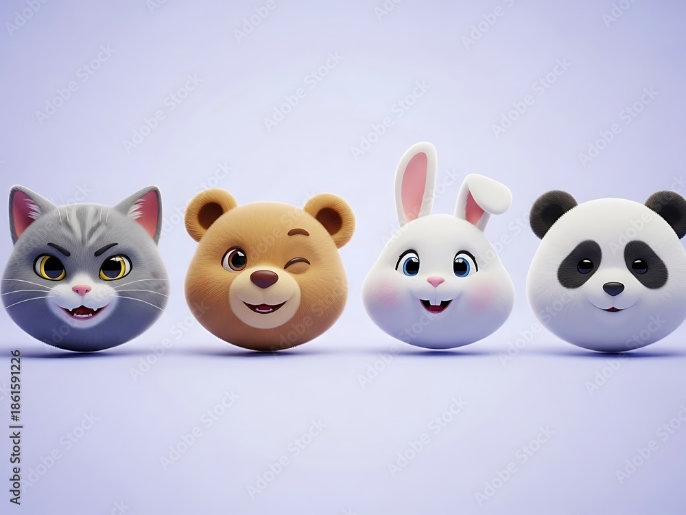 Fototapeta premium Set of Cute 3D Kawaii Animal Heads Winking and Smiling. Generative Ai