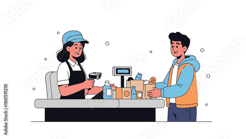 Retail Cashier Scanning Products for Customer Flat Illustration