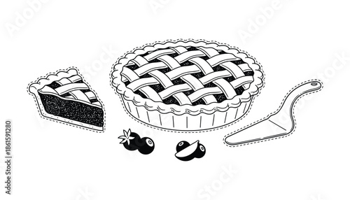 Berry pie with slice isolated on transparent background outline vector art